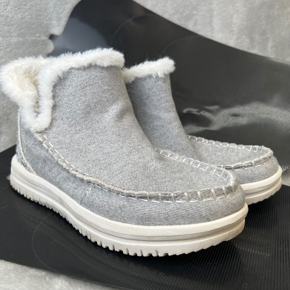 Hey Dude Camden Brushed Cozy Grey Faux Fur Trim Ankle Boots Womens 8 Nordic Boho